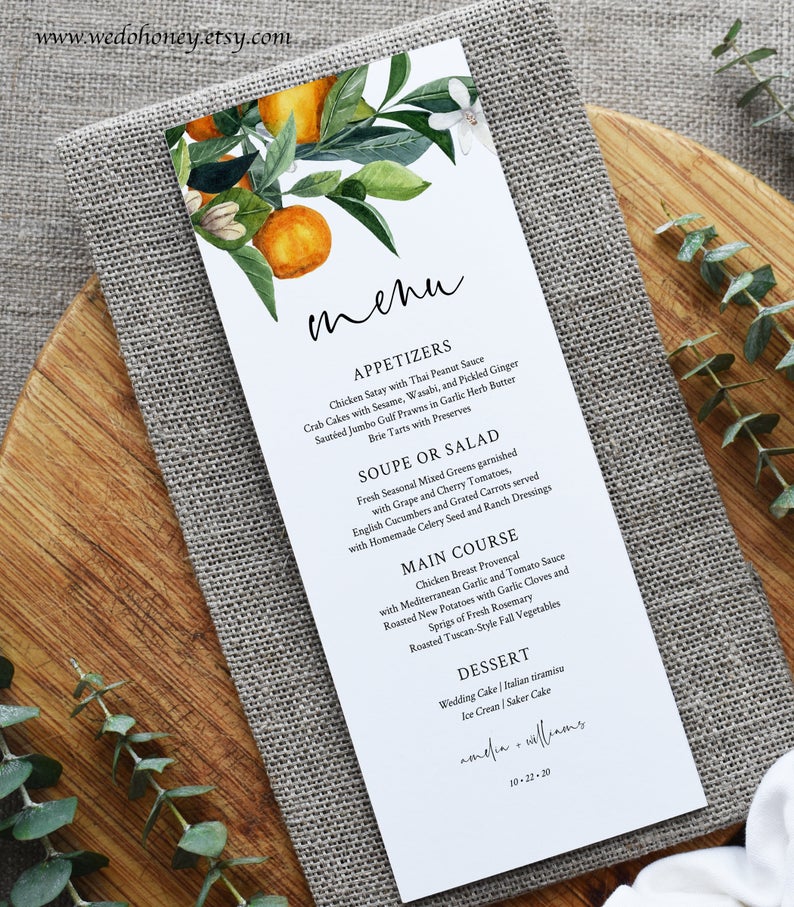 Citrus Menu Template, Orange Wedding Menu Printable, Summer Wedding, Editale Text with Corjl #044