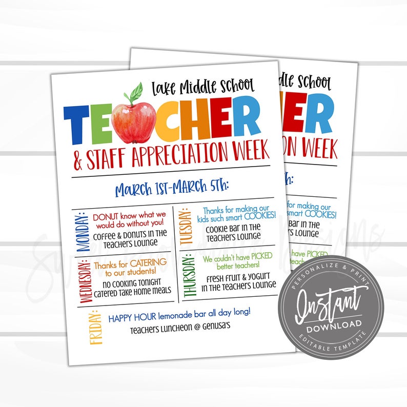 EDITABLE Teacher Appreciation Week Itinerary, Printable Digital File, Appreciation Week Schedule Events Apple, Instant Access- Edit Now!