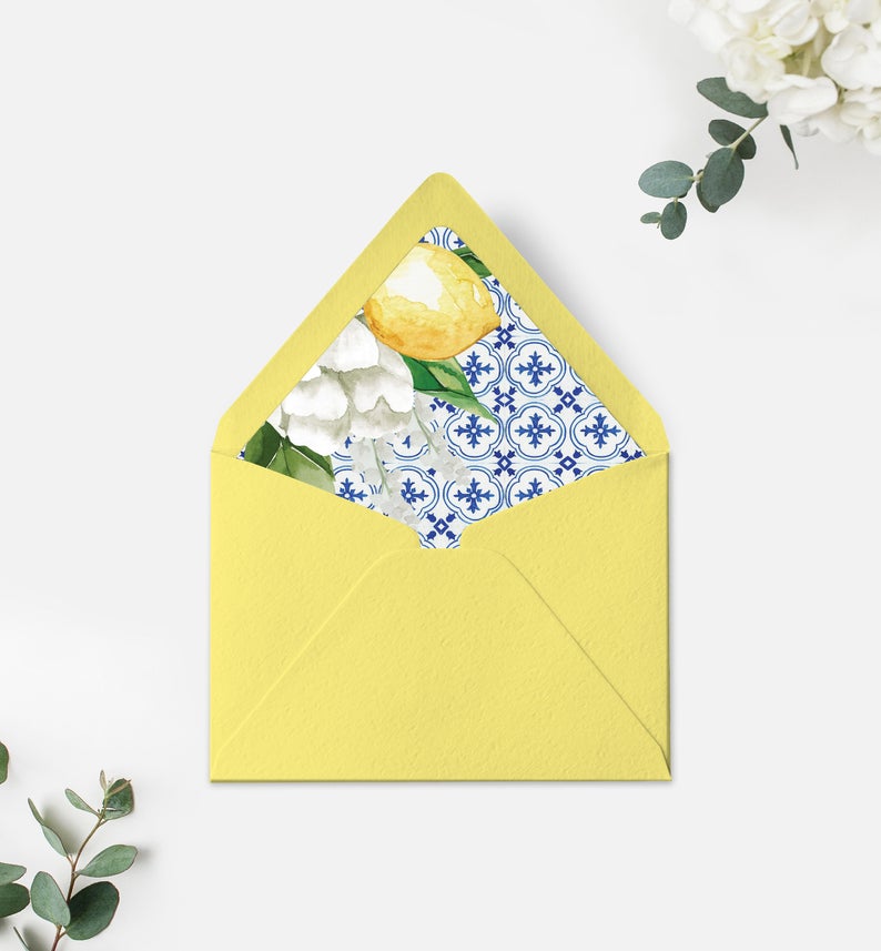 Mediterranean Blue Tile Lemons Envelope Liner Template – Round and Square Flap Envelope Liners – Printable Envelope Liner – The Med