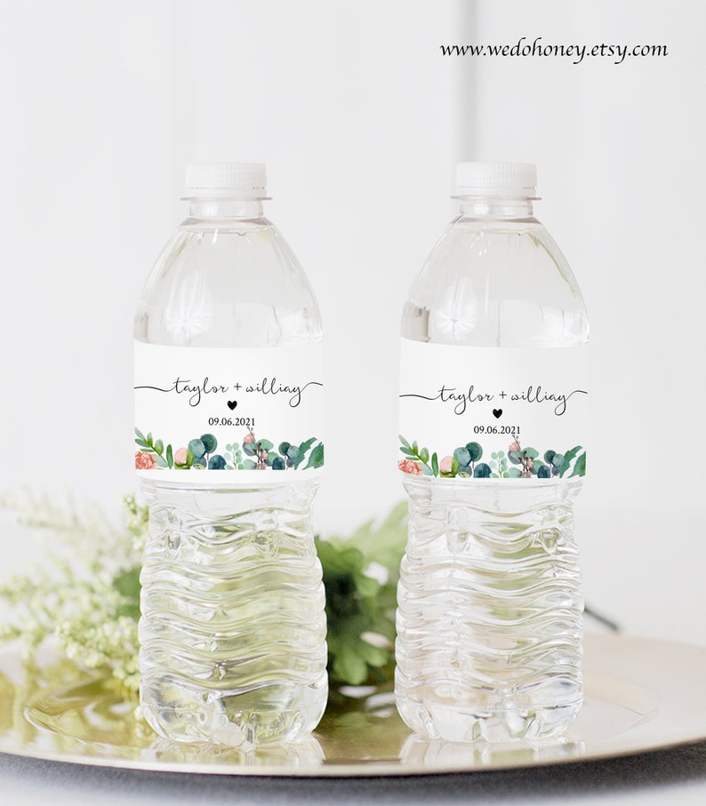 Floral Water Bottle Labels Wedding, Botanical Garden, Personalized Greenery, Editable Text with Corjl #048