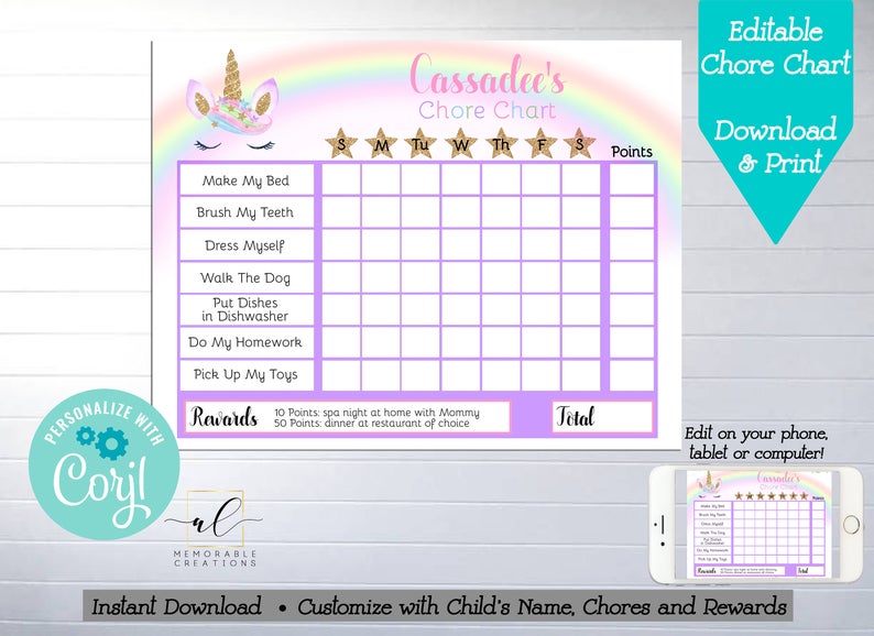 Editable Unicorn Chore Chart, Edit Yourself Unicorn Reward Chart, Instant Download Unicorn Daily Routines Chart, Girl Chore Chart, Kid Chart
