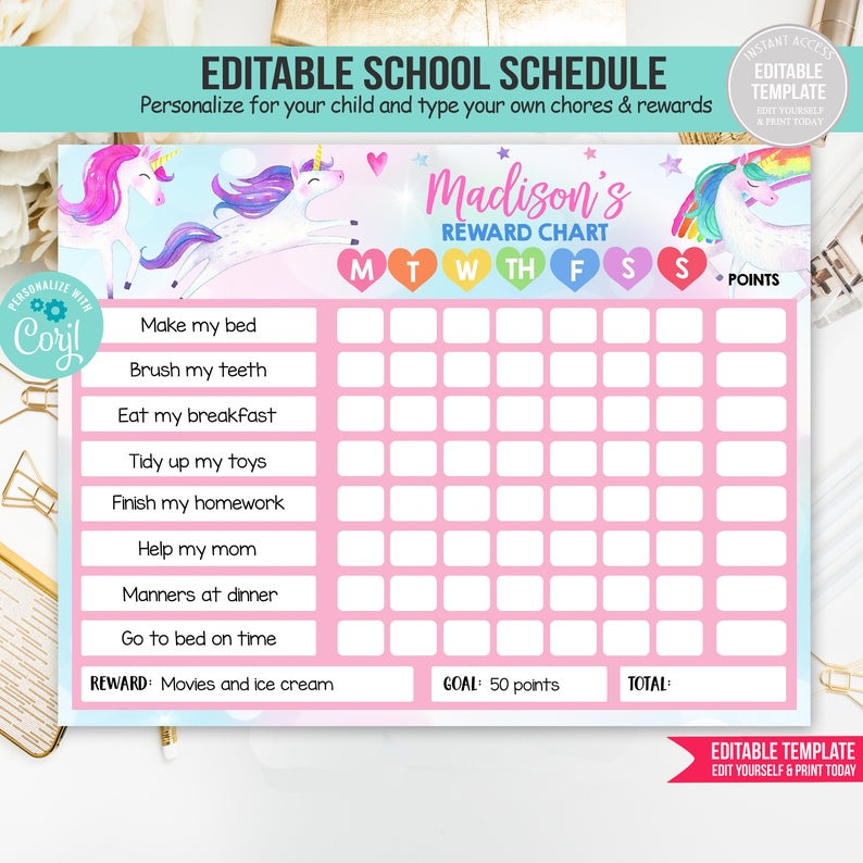 Unicorn Reward Chart, EDITABLE Template, Reward Chart for Kids, Unicorn Routine Chart Kids Responsibility Chore Chart, PRINTABLE DOWNLOAD