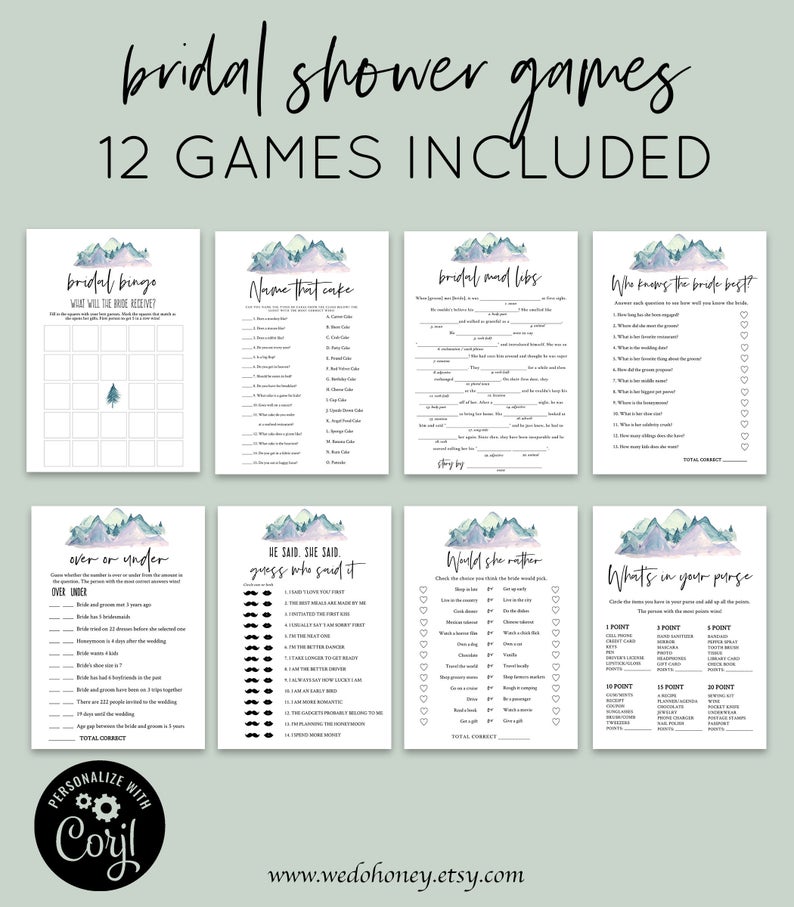 Mountain Bridal Shower Game Printable, Watercolor Summer Mountain, Bundle, Instant Download, Editable Games with Corjl #0167