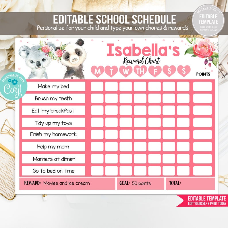 Editable Panda Koala Reward Chart Reward Chart for Kids Pink Routine Chart Kids Responsibility Chore Chart PRINTABLE DOWNLOAD Corjl Template