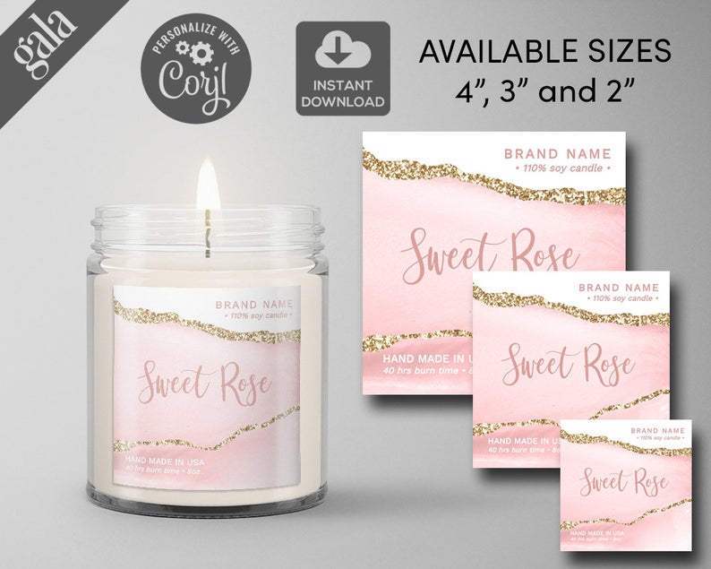 DIY Candle labels 2×2”, 3×3”, 4×4” , Editable Label Template , DIY Product label ,Printable label , square, Agate Blush Pink 006