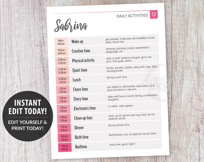 Editable Daily Planner, Chore Chart Pink Girls Teens, Kids Responsibility Reward Chart Printable Template, Personalized Instant DIY Corjl