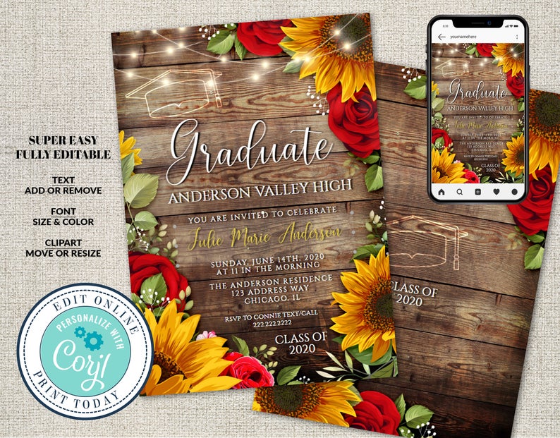 Sunflower and Roses Graduation Invitation, Class of 2020 Invite, Editable Graduation Announcement, Digital, Corjl INSTANT DOWNLOAD, diY