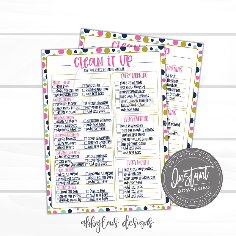 EDITABLE Printable Cleaning Checklist Schedule, Personalized Weekly Cleaning Agenda, Spring Clean it Up Chore Chart Template, INSTANT ACCESS