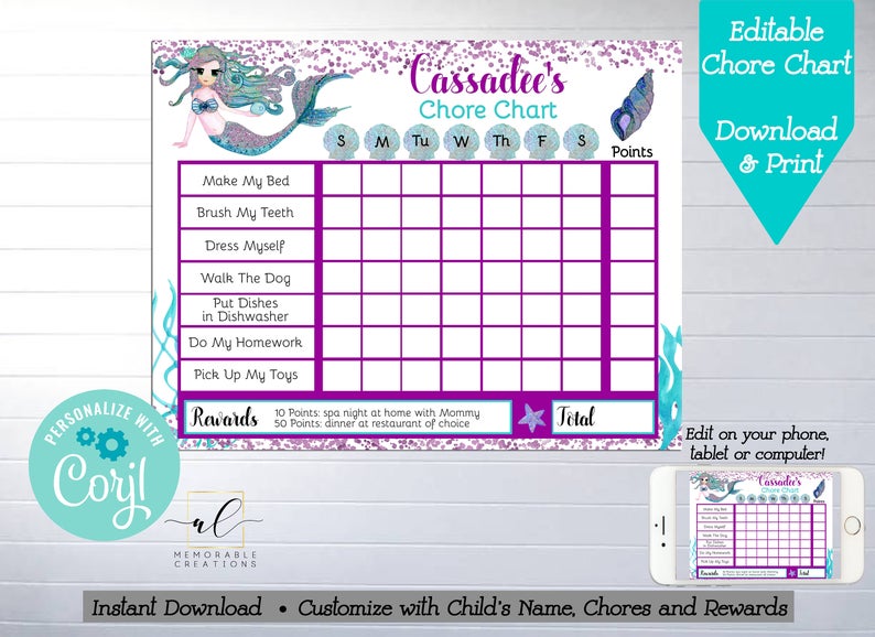 Editable Mermaid Chore Chart, Edit Yourself Mermaid Reward Chart, Instant Download Mermaid Daily Routines Chart, Girl Chore Chart, Kid Chart