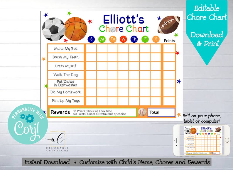 Editable Sports Chore Chart, Edit Yourself Sports Reward Chart, Instant Download Kid Daily Routines Chart, Boy Chore Chart, Sports Balls