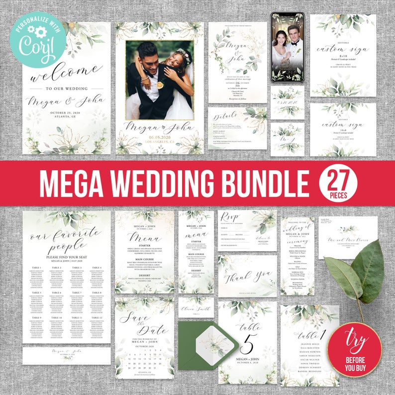 Mega Bundle Wedding Suit Invitation Set Elegant Greenery Instant Download Editable Templates Corjl RSVP Menu Program
