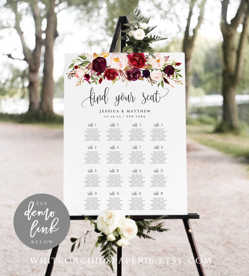 Burdundy Floral Seating Chart, Wedding Seating Plan, Wedding signs, Floral Seating Chart, Seating Template, Try Before You Buy, #M19414