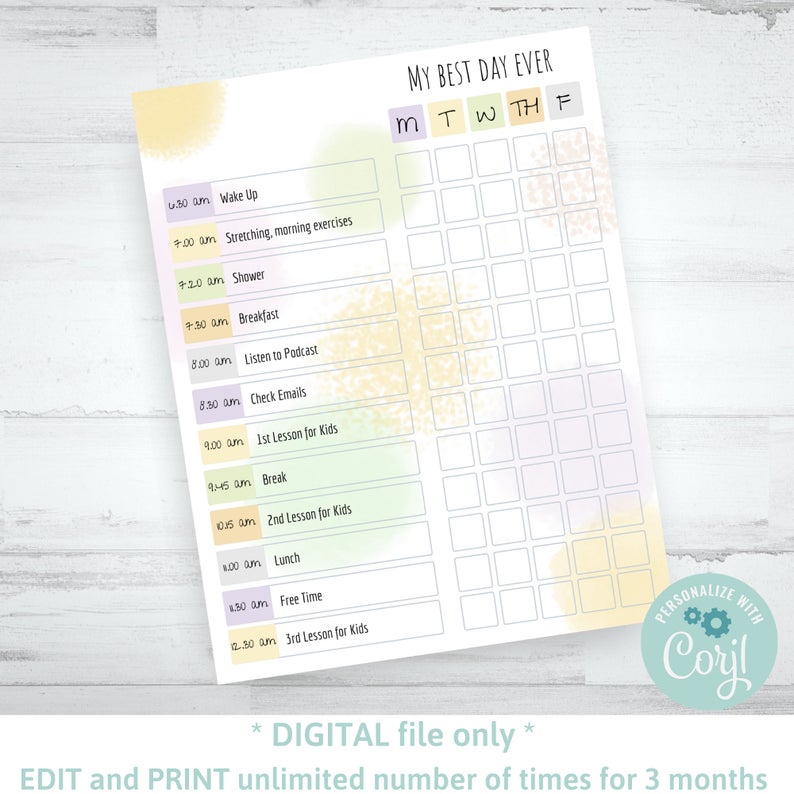 Organizer Printable, To do list, Routine Chore Chart, Homework Planner, Home School Routine, Editable, Watercolor, Simple, Corjl AP32
