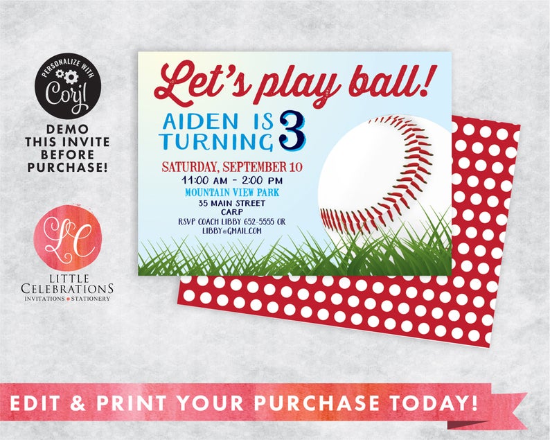INSTANT DOWNLOAD Editable Baseball Birthday Party Invitation – Softball Party Invitation – Sports Birthday Party Invitation – Print Now