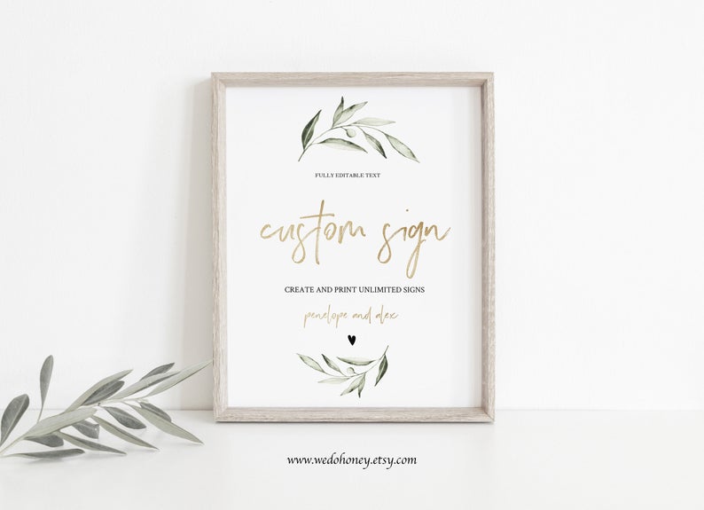 Custom Wedding Sign Template, Gold Greenery, Olive Wedding, Create Unlimited Signs, Custom Text, Edit prior purchase #201