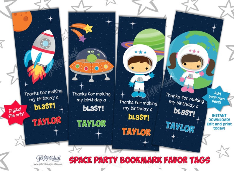 Outer space party bookmark favor tags / Rocket party pdf printable thank you card / Astronaut birthday, Astronaut party, planets, blast off