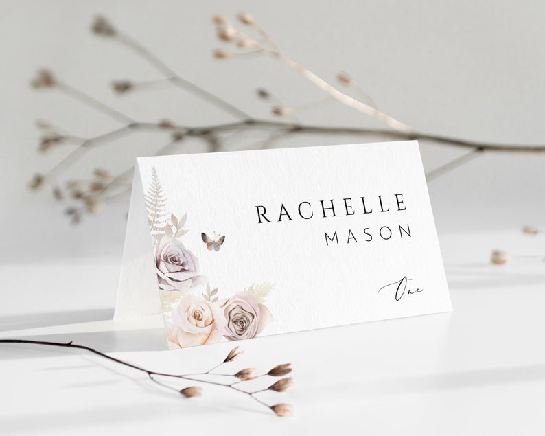 Floral Wedding Place Card,Rose Wedding Place Card Template, Printable name card,Blush floral Place Cards, Butterfly table name card, SCD82