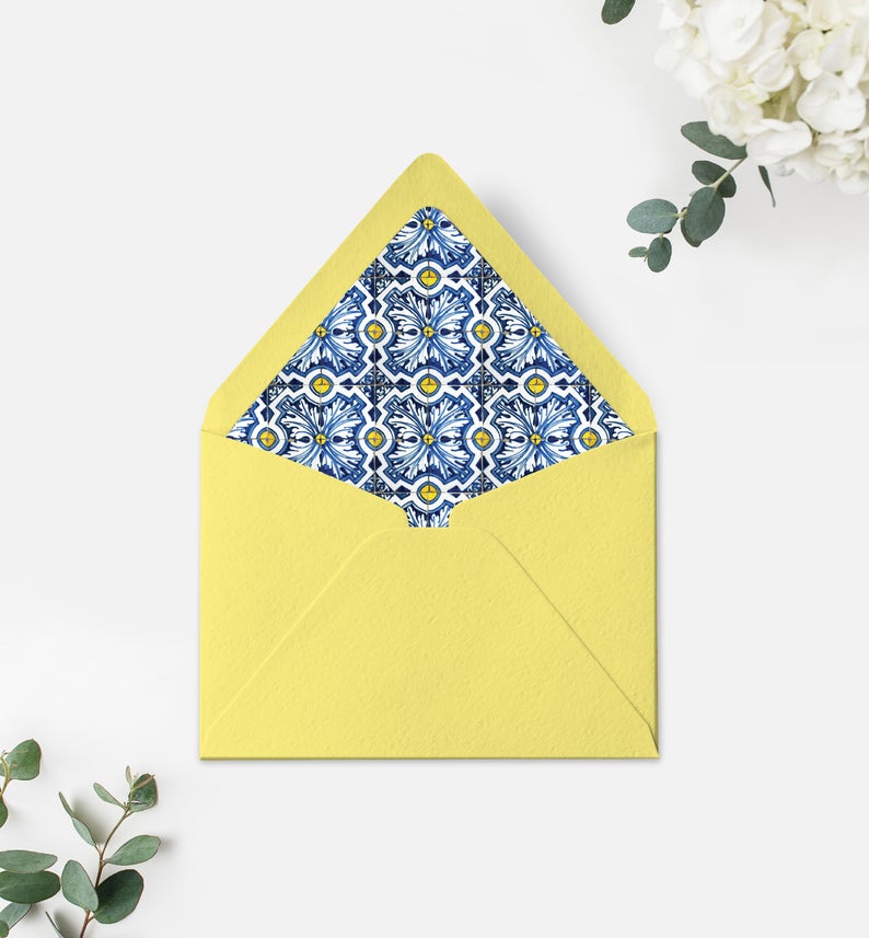 Positano Blue Tile Envelope Liner Template – Round and Square Flap Envelope Liners – Printable Envelope Liner