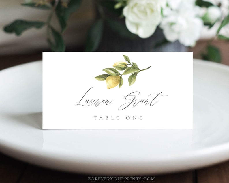 Lemon Wedding Place Card Template, Escort Cards, Digital Download