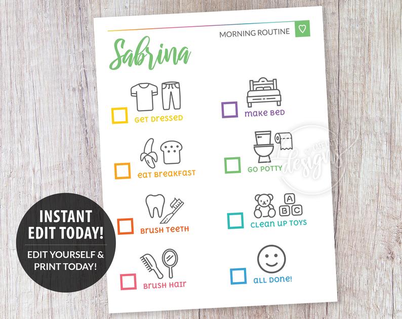 Editable Kids Morning Routine, Chore Chart Multicolor, Toddler Tasks Jobs Responsibility Reward Chart Printable, Personalized Instant Corjl