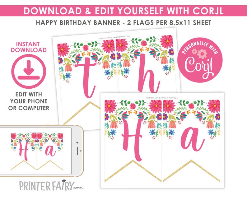 Fiesta Banner, EDITABLE, Cinco de Mayo, Fiesta Decorations, Bunting Banner, EDIT YOURSELF, Printable Banner, Instant Download