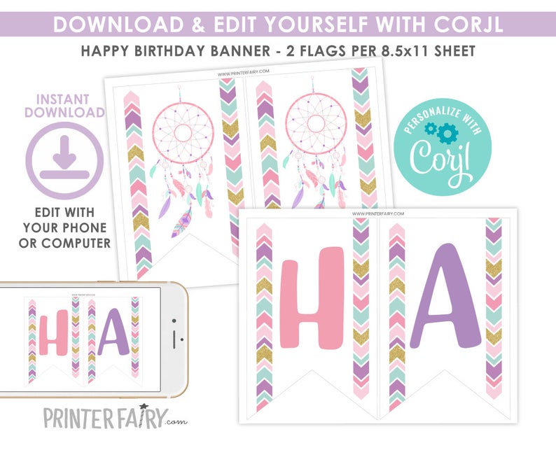 Dreamcatcher Birthday Banner, Tribal party decorations, Wild One Birthday, Dreamcatcher Party Decorations, INSTANT DOWNLOAD