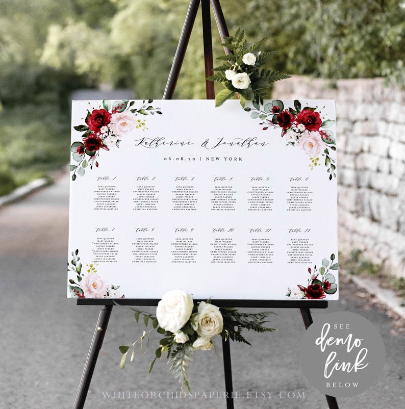 Burgundy and blush floral seating Chart, Wedding Seating Sign, DIY Seating Chart, Landscape Seating Chart, try before you buy, M191