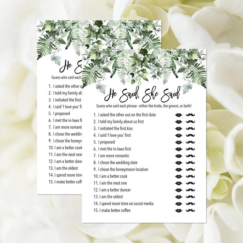 Ivy He Said She Said Game, Editable Template, Greenery Bridal Shower Game, Botanical Guessing Game, Bride Or Groom, Who Said It Corjl 107