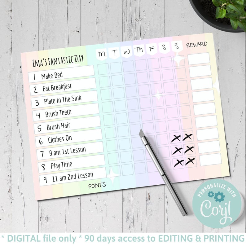 Girls Rainbow Routine Dry Erase Chore Chart Printable, Homework Organizer, Home School Routine, Behavior chart, Kids Responsibility Chart,31