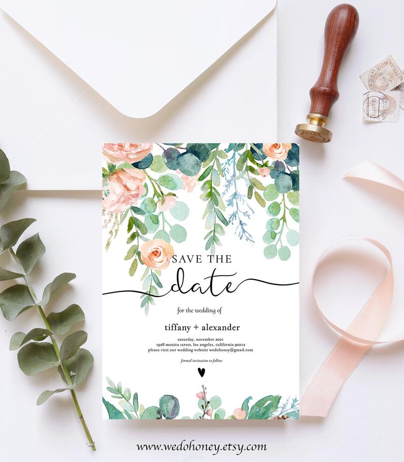 Garden Save the Date, Boho Wedding Template, Editable Text with Corjl #048