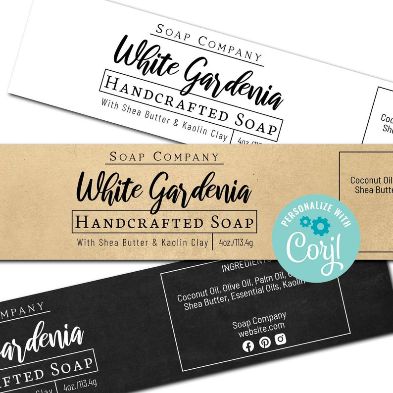 Soap Labels – Clean and Simple Design. Editable Template. Printable Custom Wrap Around Label. Personalize w/ Corjl Online, Download/Print