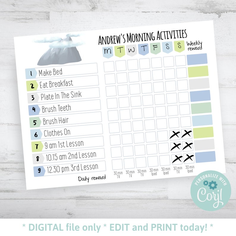 Routine Chore Chart Printable, Boys Homework Organizer, Home School Routine, Routine, Behavior chart, Editable, Boys Chore Chart, Corjl RC31