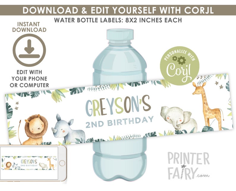 Jungle Water Bottle Labels, EDITABLE, Safari Birthday Party Decorations, Safari Labels, EDIT YOURSELF, Jungle Decorations, Instant Download
