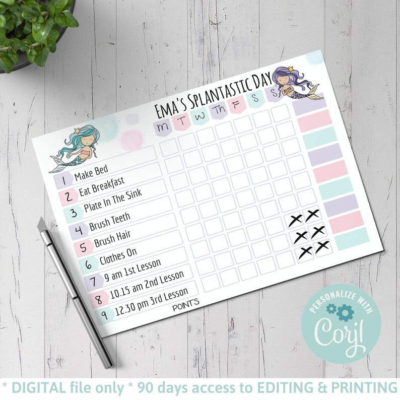 Girls Mermaid Routine Dry Erase Chore Chart Printable, Homework Organizer, Home School Routine, Behavior chart, Kids Responsibility Chart,31