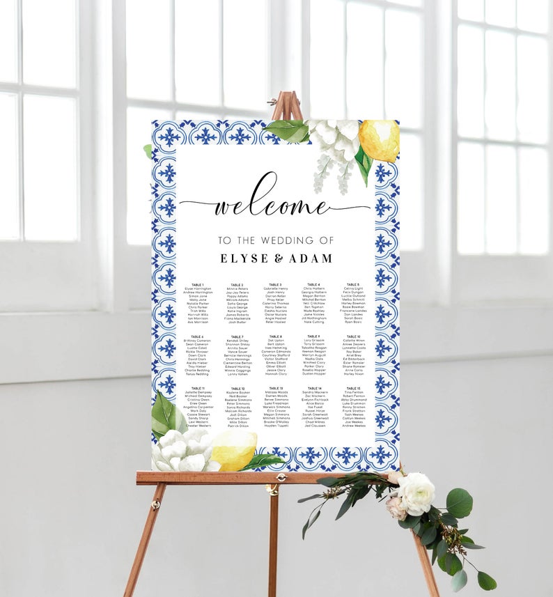 Seating Chart Sign – Mediterranean Blue Tile Lemons – Printable Wedding Seating Chart – Welcome Sign – The Med