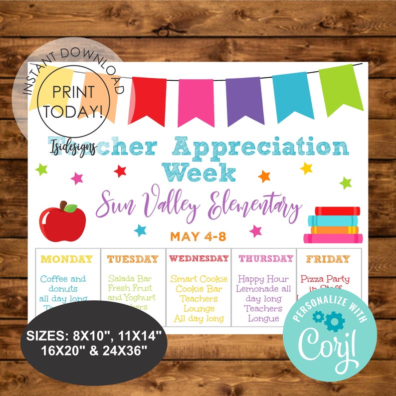Teacher Appreciation Week, Instant Download, Editable Itinerary Poster, Appreciation Week Schedule Events Template, Appreciation Activites