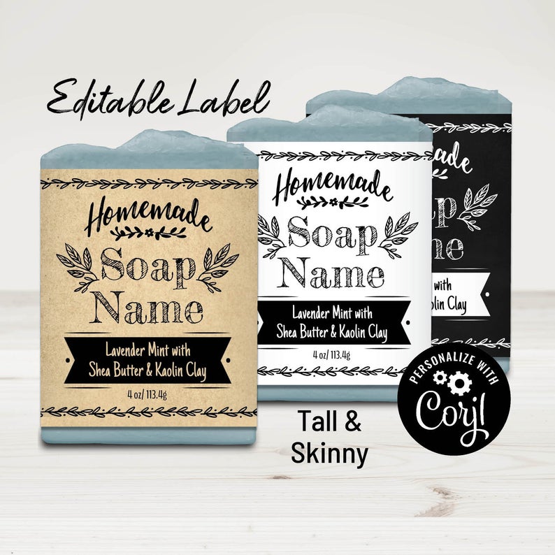 Editable Soap Label Template. Tall & Skinny Hand-Drawn Design. Soap Packaging. Customize, Personalize w/ Corjl Online. Download and Print.