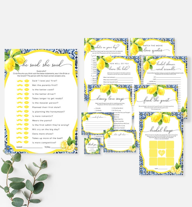 Bridal Shower Games Bundle Pack – Positano Blue Tile Lemons Theme – Editable Printable Hen’s Party Games – Italian Almalfi Coast