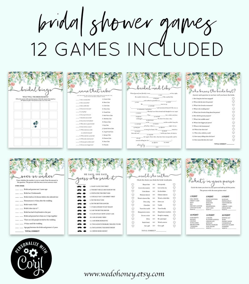 Garden Bridal Shower Game Bundle, Editable Games Templates, Personalized Name and Questions, Greenery, Edit with Corjl