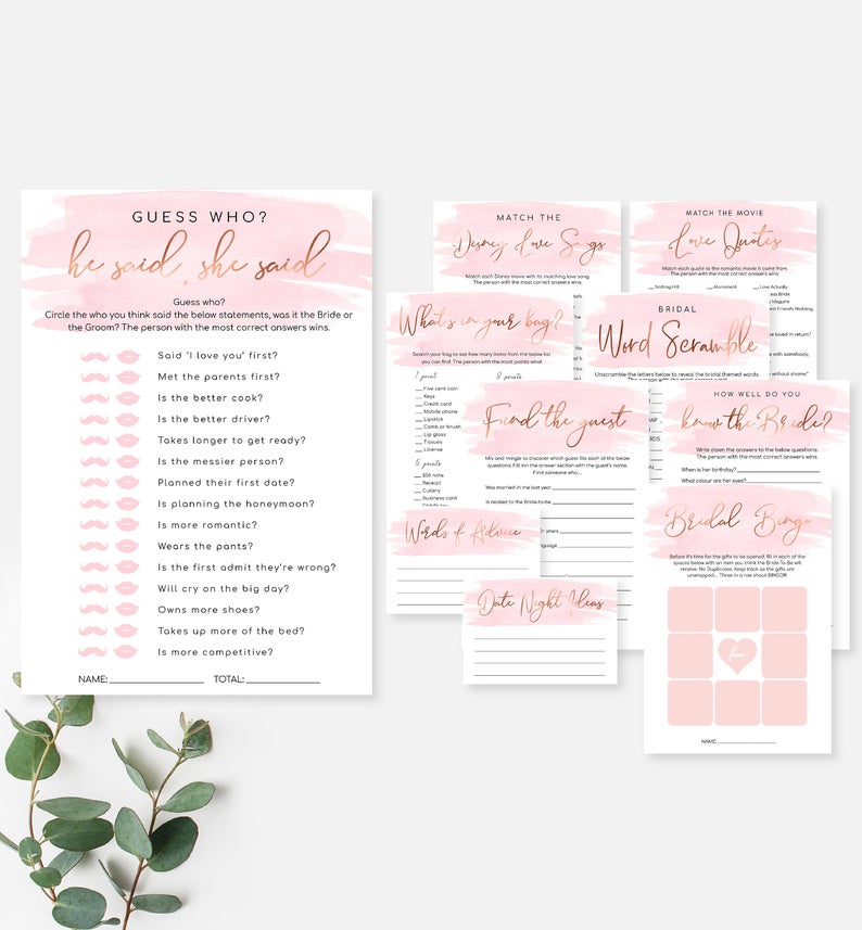 Printable Watercolour Bridal Shower Games Bundle Pack – EDITABLE INSTANT DOWNLOAD – Hen’s Party Games – Rose Gold – Pink Watercolour