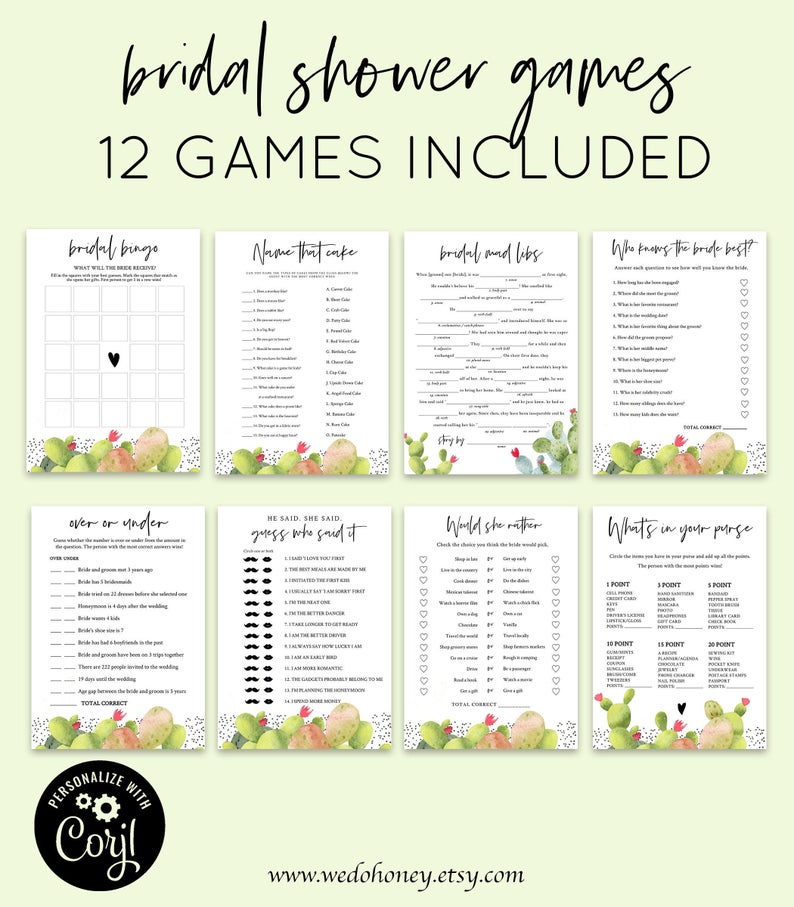 Fiesta Bridal Shower Games Package, Editable Mexican Game Template, Editable Text with Corjl
