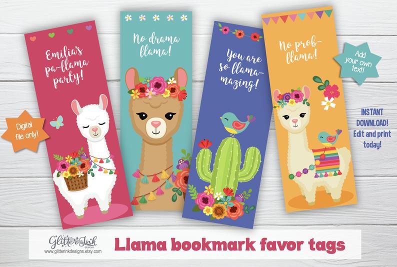 Llama party bookmark thank you card / favor tag – edit & download with Corjl