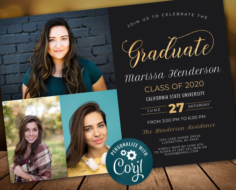 Graduation Invitation Class of 2020 Photo Invite Black & Gold Faux Foil Graduation Invitation Digital INSTANT DOWNLOAD Editable