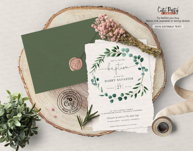 INSTANT DOWNLOAD, Editable Greenery Geometric Baptism Invite, baptism Eucalyptus invitation Template boy girl instant download, Corjl BP024