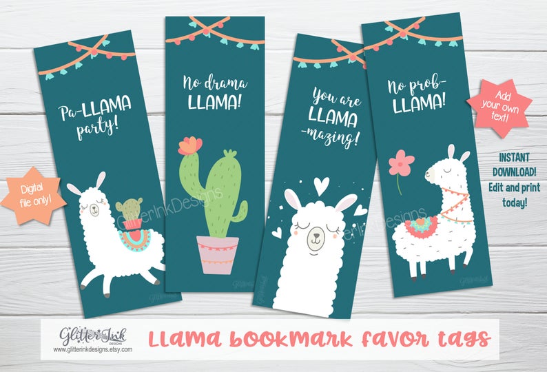 Llama party bookmark thank you card / favor tag – edit & download with Corjl