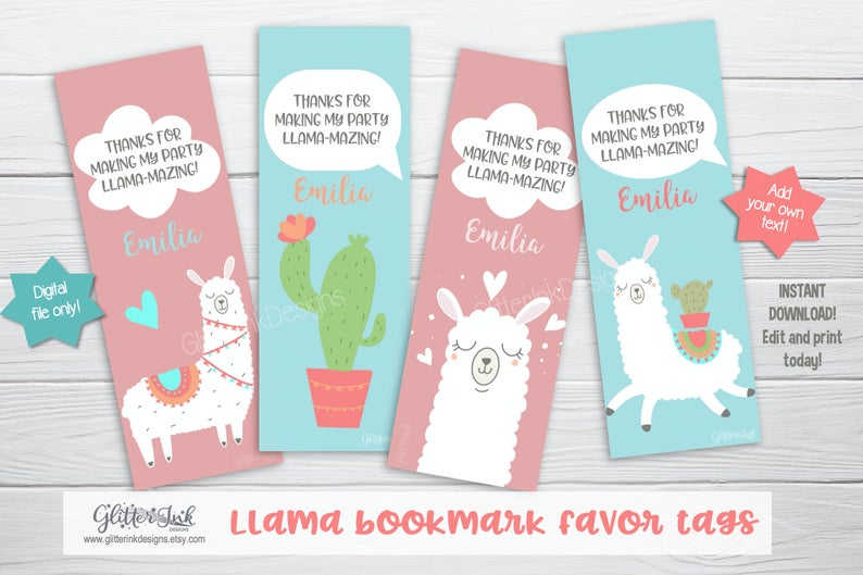 Llama party bookmark thank you card / favor tag – edit & download with Corjl