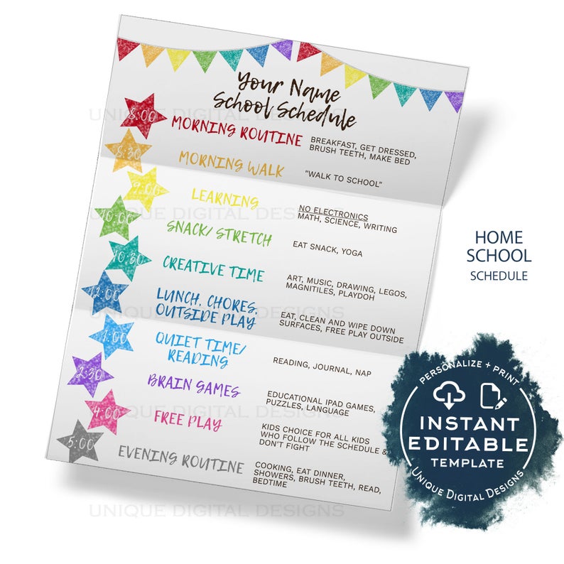 Editable Home School Schedule for Kids, Daily Homeschool Planner, Printable Chart, Rainbow Routine, Parent Teacher Resources INSTANT ACCESS