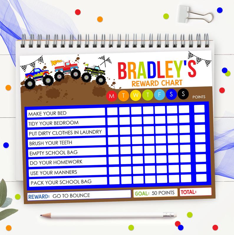EDITABLE REWARD CHART Boy Monster Truck Reward Chart Instant Download Monster Truck Reward Chart Monster Truck Chore Chart Routine Chart