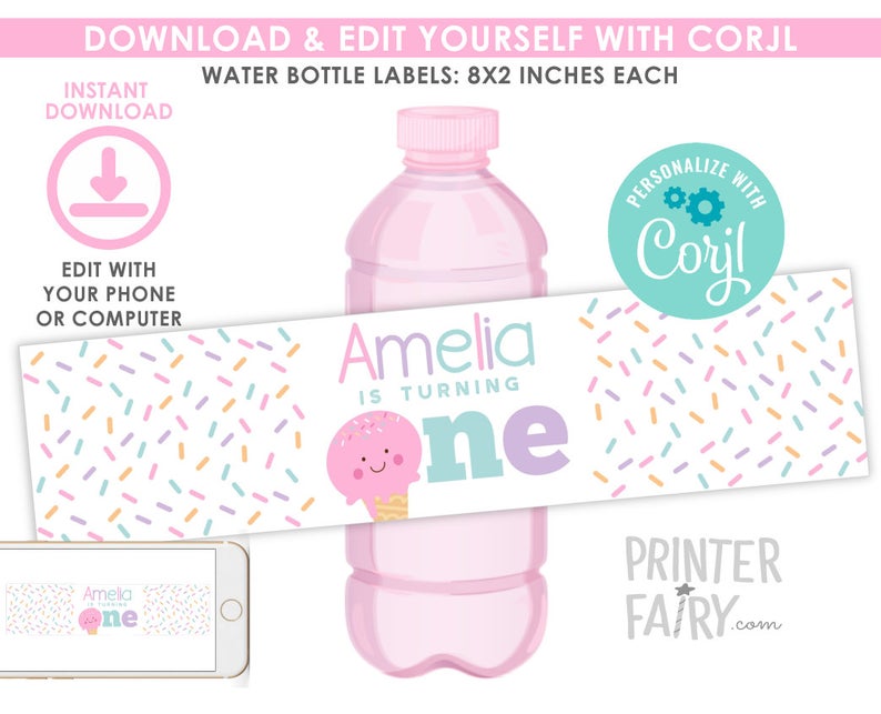 Ice Cream Water Bottle Labels EDITABLE, EDIT YOURSELF, Ice Cream 1st Birthday Decorations, Ice Cream Party, Instant Download