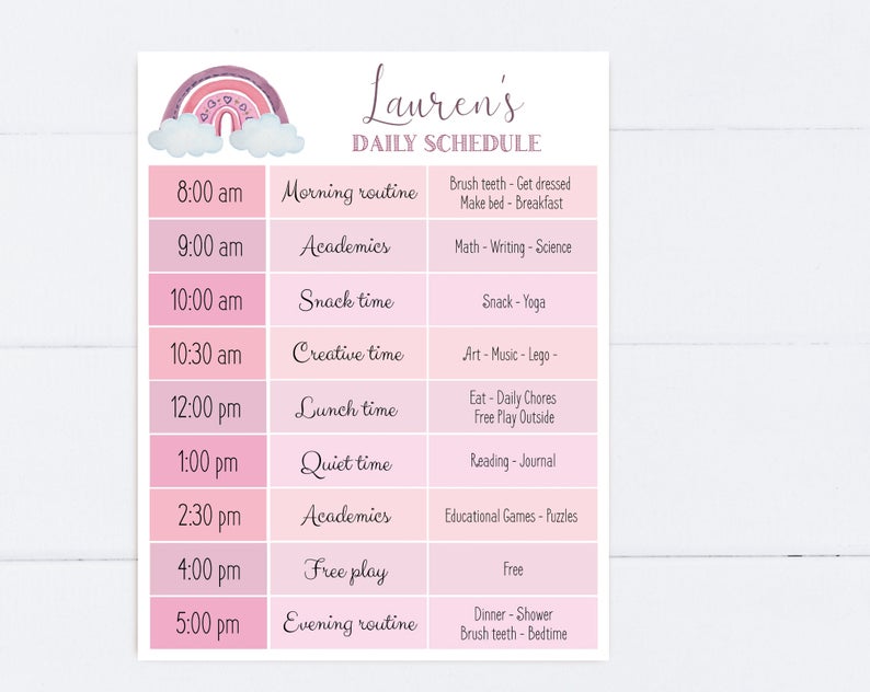 Editable Home School Daily Planner, Editable Daily Routine Schedule, Pink Rainbow Routine Schedule Chart, Daily Homeschool Planner, Corjl